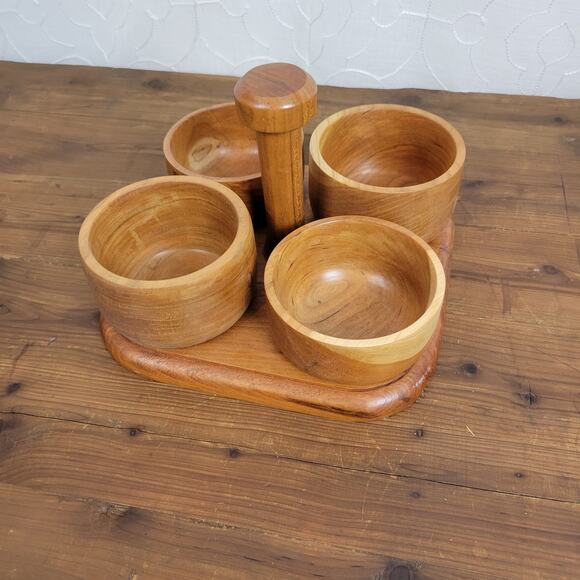 Wooden Caddy 4pcs Bowl with Serving Tray Set Brown Condiment Holder Light Weight - Picture 2 of 9